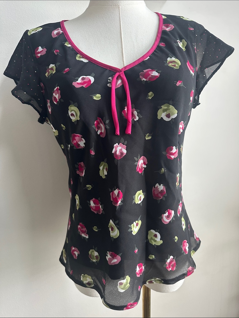 Y2K Feminine Black Floral Sheer Overlay‎ Womens Blouse Size M Floral Polka Dot